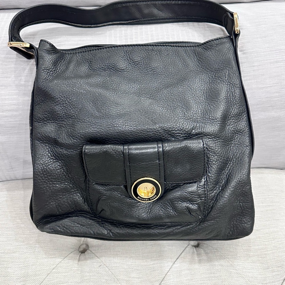 Michael Kors Black Leather Shoulder Bag with Gold Accent